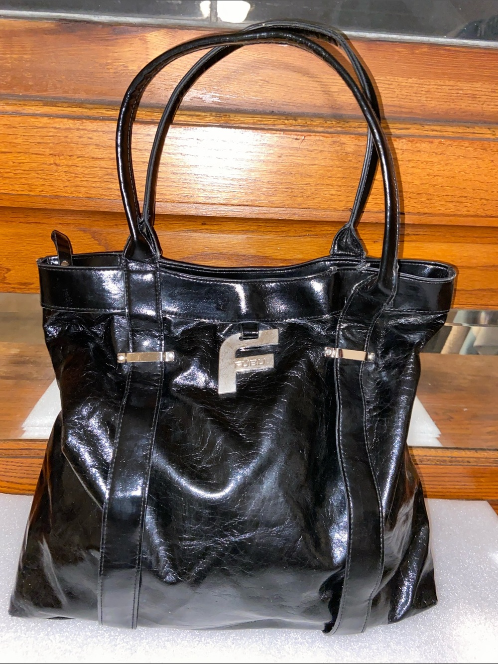 Vintage FUBU Black Patent Leather Tote with Silver Hardware